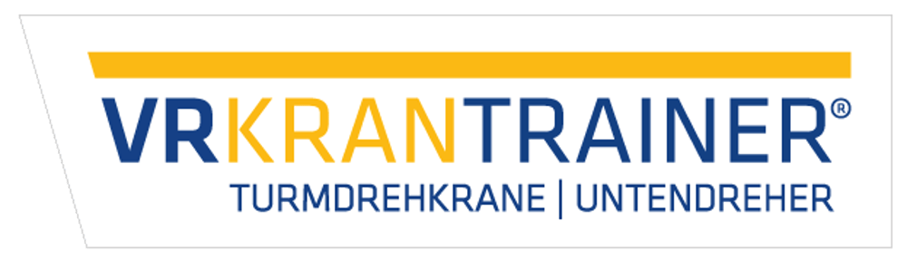 Das Logo "VRKRANTRAINER®" ist blau und gelb, mit einem gelben Balken darüber.