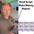 Ryan holding a smartphone with text "Read Script. Make Money. Repeat." and nine gray boxes.