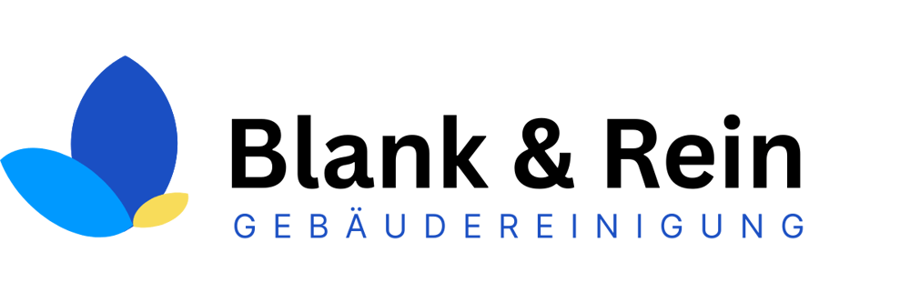 Logo: "Blank & Rein GEBÄUDEREINIGUNG" in Schwarz und Blau mit einem stilisierten blauen Blattmotiv.