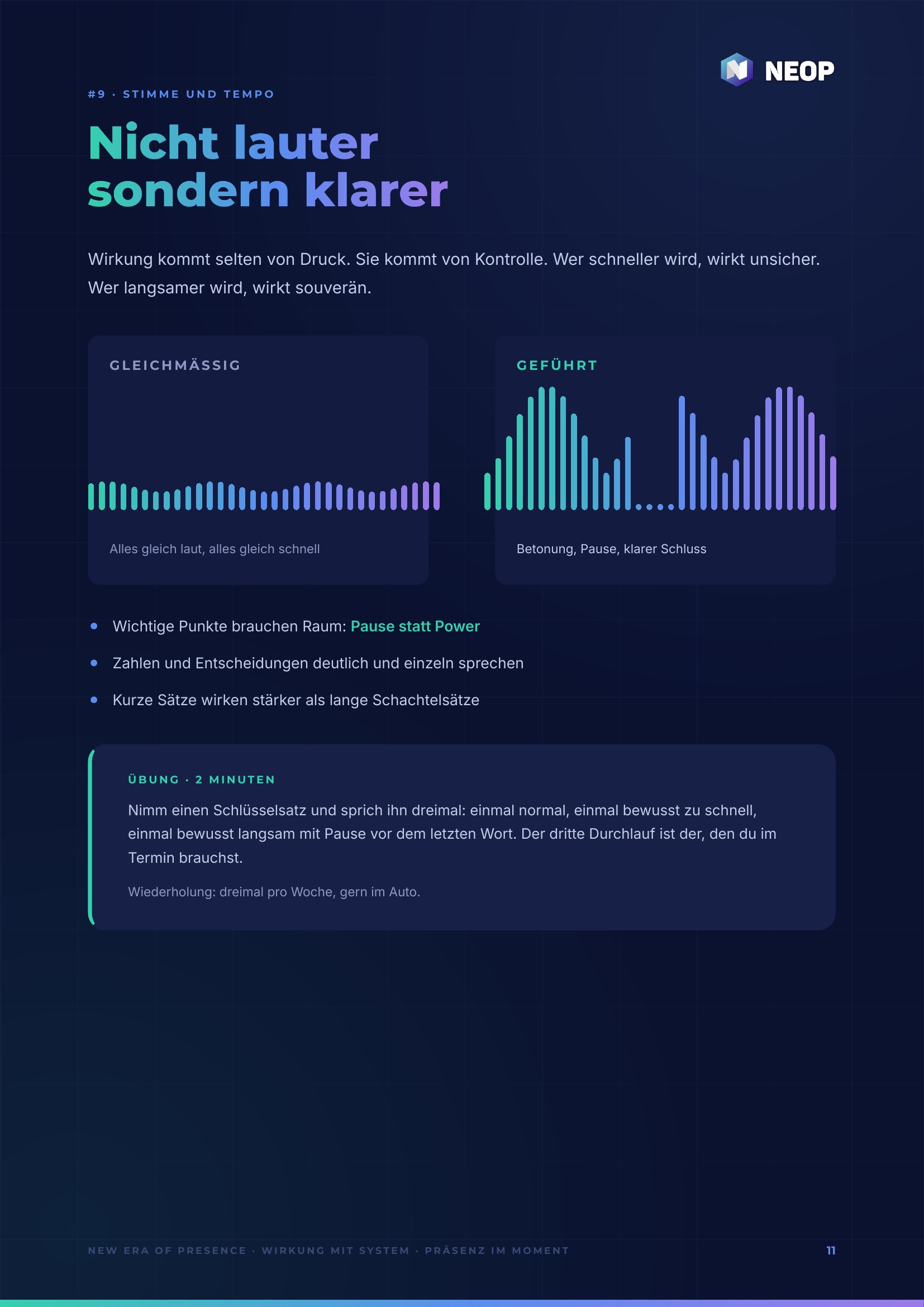 Presence Paper Kurz, klar und führend — Innenseite mit Übung und Checkliste