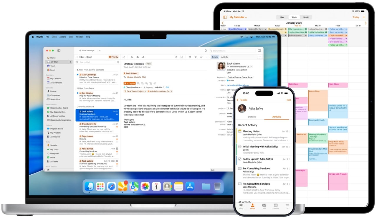 Daylite auf MacBook, iPad und iPhone: E-Mail-Posteingang mit Kontaktdetails auf dem Mac, Wochenkalender auf dem iPad und Aktivitätenverlauf eines Kontakts auf dem iPhone