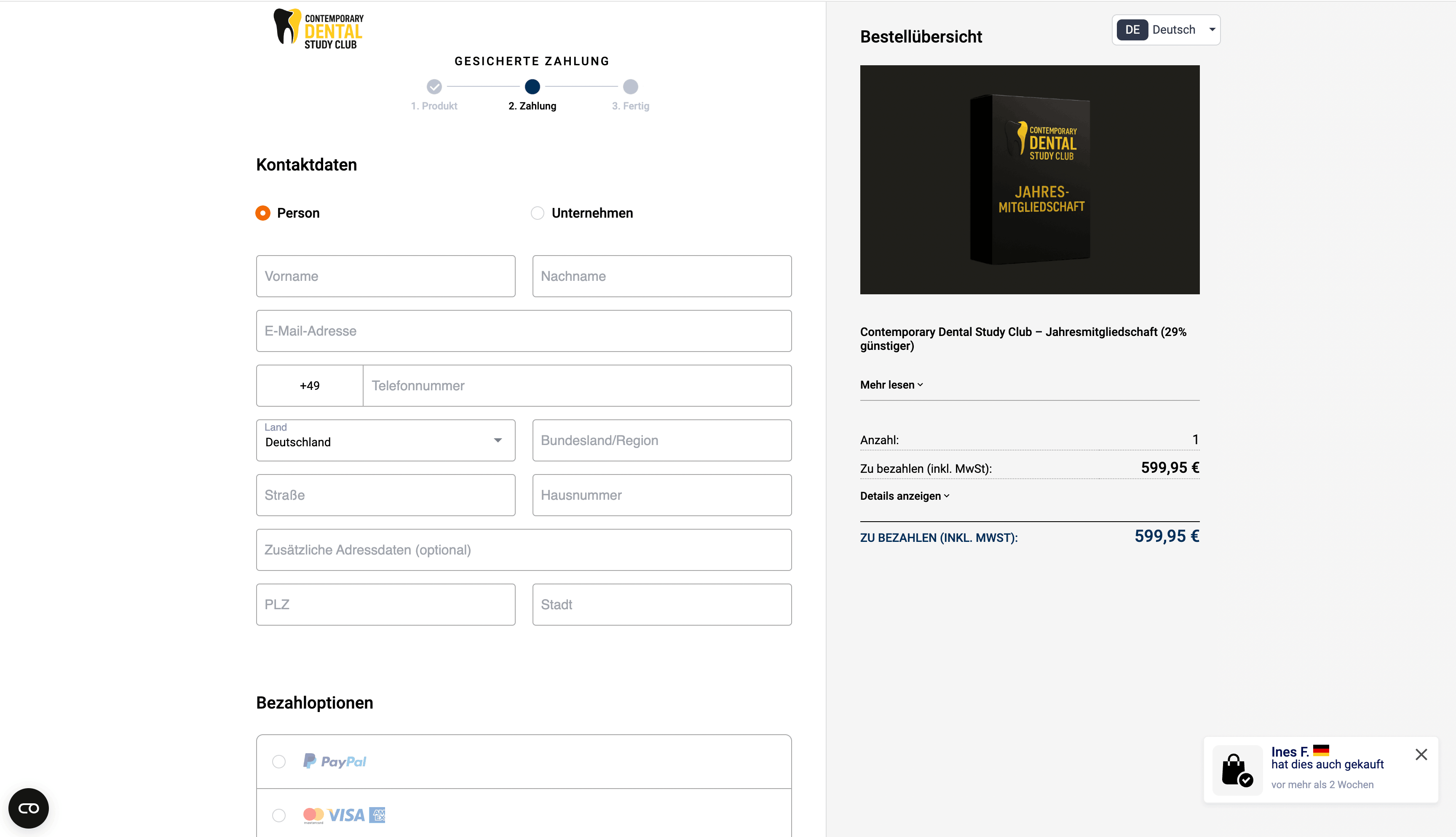 Checkout und Abschlussbereich der Study-Club-Landingpage mit direkter Zahlungsabwicklung
