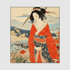 A woman in a red kimono with a floral pattern stands in front of a mountain landscape with blossoming trees.