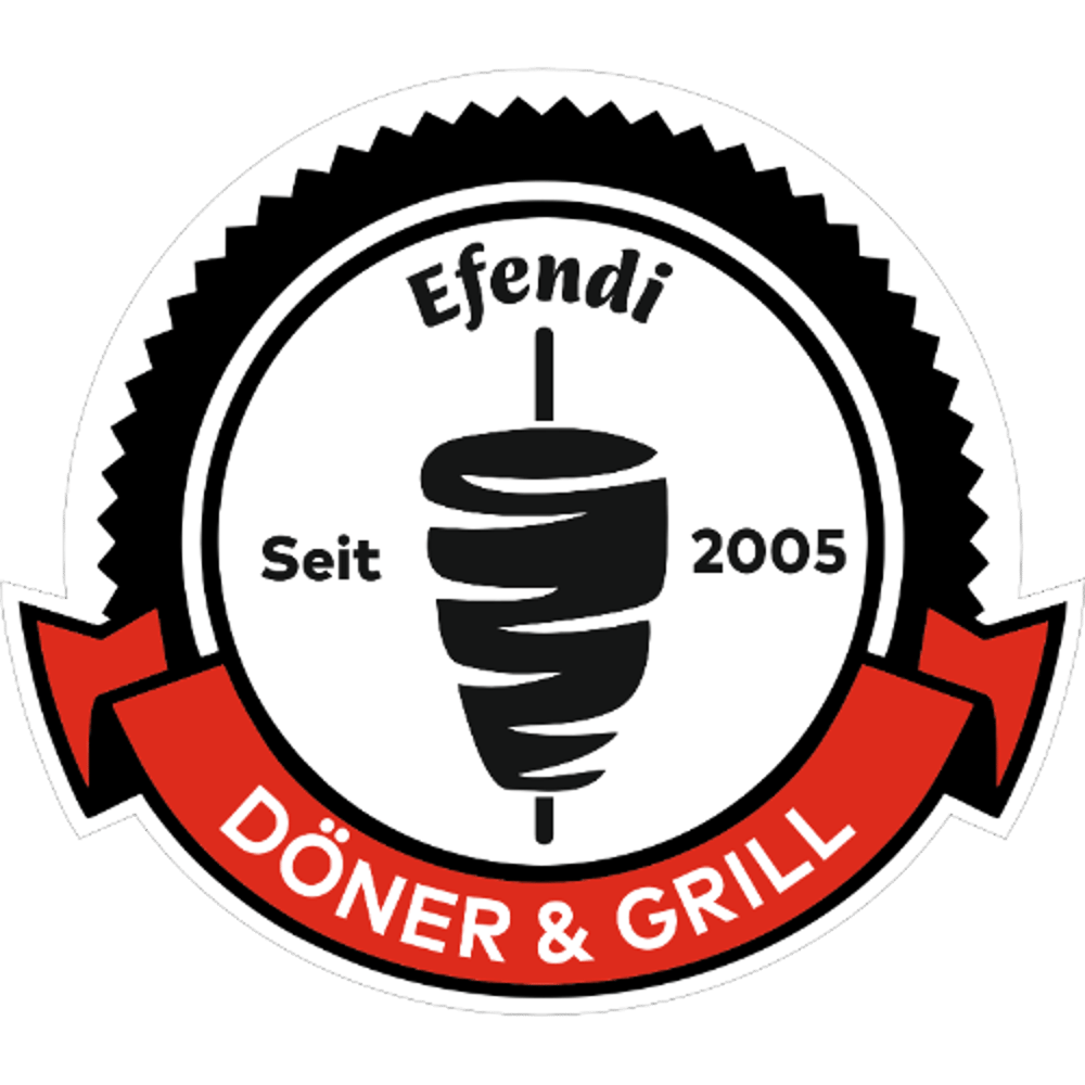 Logo von Efendi Döner & Grill mit einem Dönerspieß, dem Gründungsjahr 2005 und rotem Banner auf schwarzem Hintergrund.