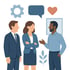 Drei Personen unterhalten sich, umgeben von Icons für Zahnrad, Sprechblase, Herz und Pflanze.