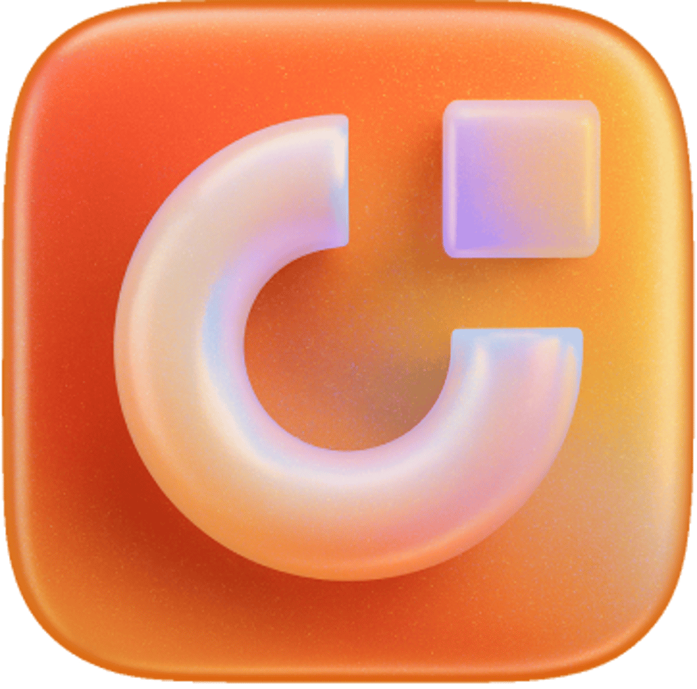 3D iridescent C-shaped letter and square on a glossy orange rounded square background.