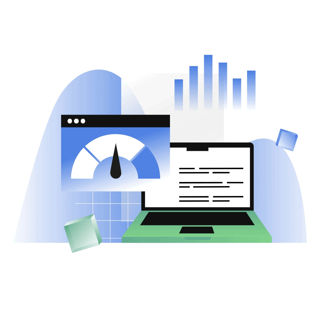 Laptop mit einem Performance-Messgerät und einem Code-Editor, umgeben von Diagrammen und Würfeln.