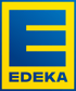 Blaues EDEKA-Logo mit gelbem Umriss und gelben horizontalen Linien, die ein "E" bilden.