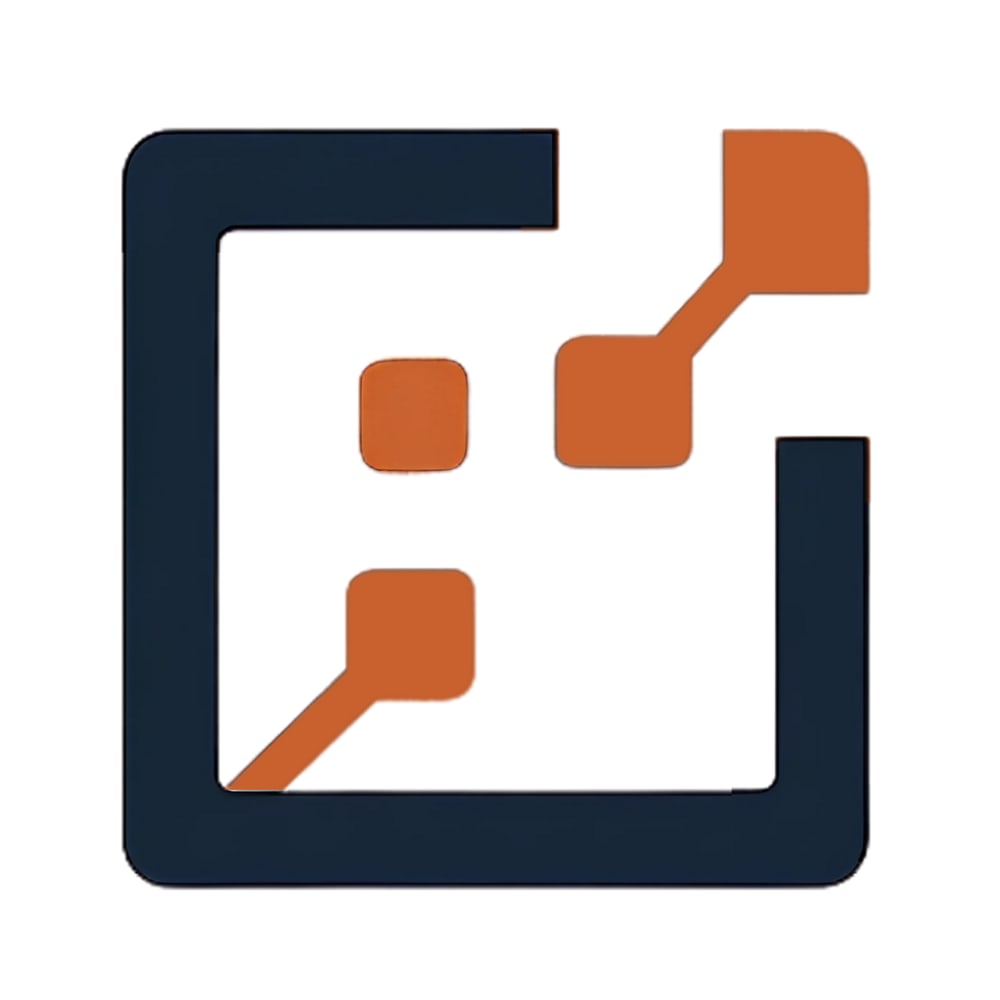 Dunkelblaues Quadrat mit abgerundeten Ecken und drei orangefarbenen verbundenen Quadraten im Inneren.