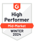 Die Webagentur CC wurde im Winter 2024 mit der G2 High Performer Auszeichnung für den Mid-Market Bereich geehrt.