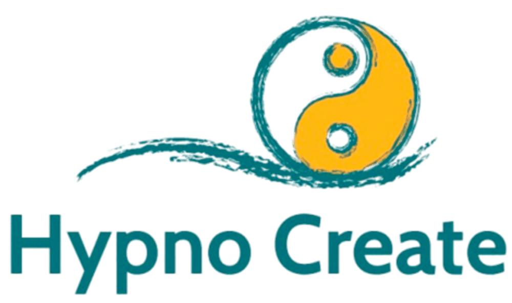 Yin-Yang-Symbol in Türkis und Gelb über dem Text "Hypno Create" auf grünem Hintergrund.