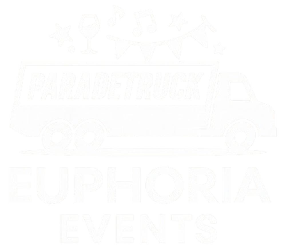 Weißer LKW mit der Aufschrift „PARADETRUCK“, darüber Symbole für Wein, Musiknoten und Sterne, darunter „EVENT FUSION GmbH“.