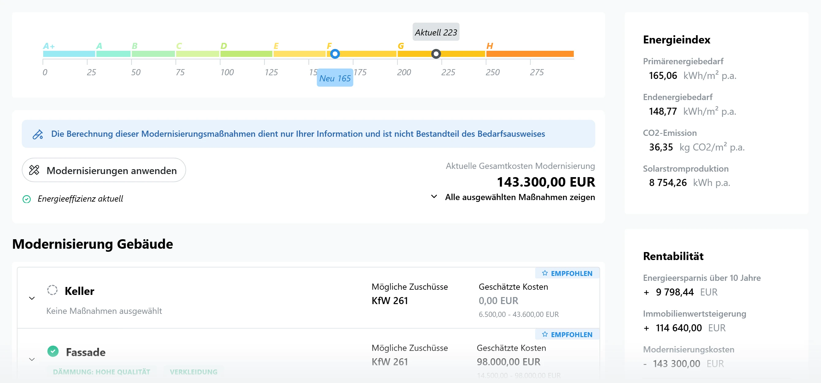 EffizienzPilot Ergebnisansicht: Effizienzskala, Modernisierungsmaßnahmen mit KfW-Förderung, Energieindex und Rentabilität