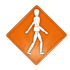 Ein orangefarbenes Rauten-Schild mit einem weißen Männchen, das nach rechts geht.