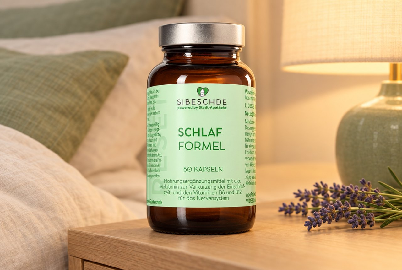 S|BESCHDE Schlaf Formel auf einem Nachttisch mit Leinenbettwäsche, warmer Nachttischlampe und Lavendelzweig