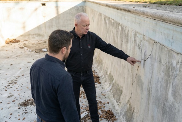 Peter Hartmann und ein Kunde begutachten eine sanierungsbedürftige Poolanlage