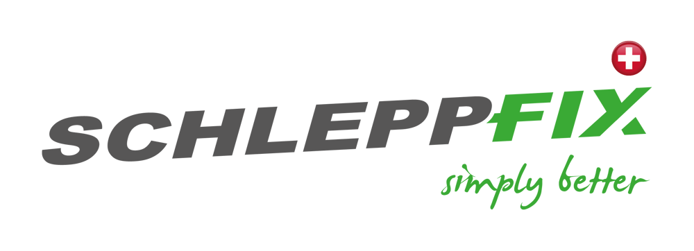 Logo: "SCHLEPPFIX simply better" in Grau und Grün, mit einem roten Schweizer Kreuz oben rechts.