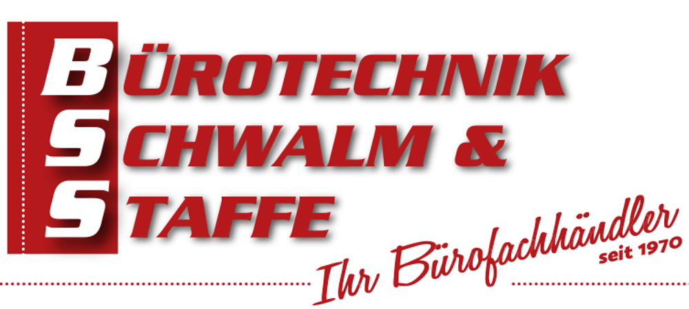 Logo mit rotem Text auf dunkelgrünem Hintergrund: "BÜROTECHNIK SCHWALM & STAFFE Ihr Bürofachhändler seit 1970".