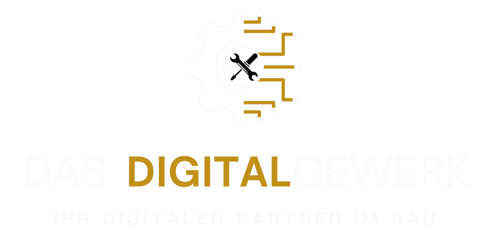Logo: Zahnrad, Schraubenschlüssel, Platine. Text: DAS DIGITALGEWERK IHR DIGITALER PARTNER IM BAU.