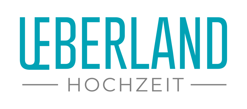 UEBERLAND HOCHZEIT Logo in Türkis und Grau auf weißem Hintergrund.