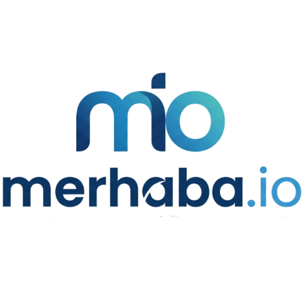 Blaues "mo" Logo über dem Text "merhaba.io" in Blau und Türkis.