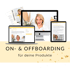 Laptop, Desktop, Tablet, Flyer mit "ON- & OFFBOARDING für deine Produkte" und einer lächelnden Frau.