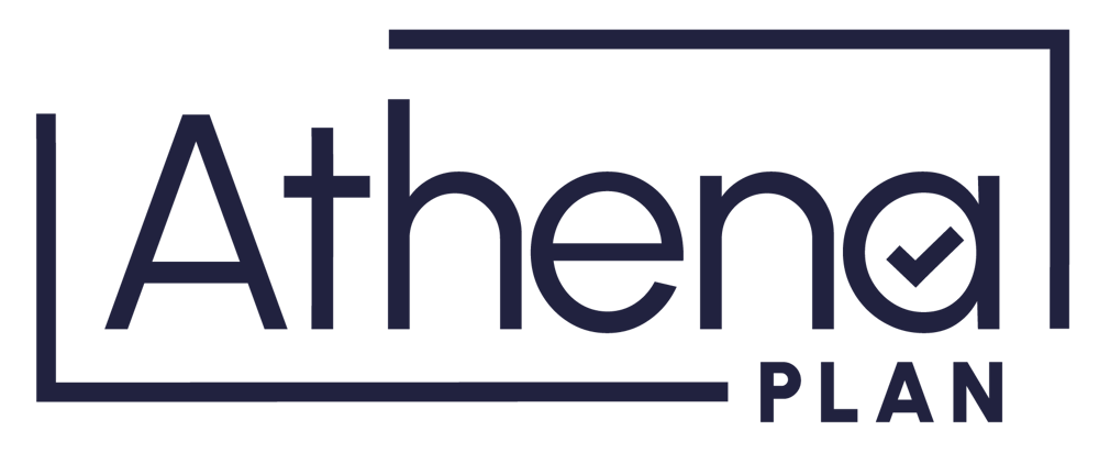 Dunkelblaues Logo Athena Plan mit Häkchen in einem Rahmen.