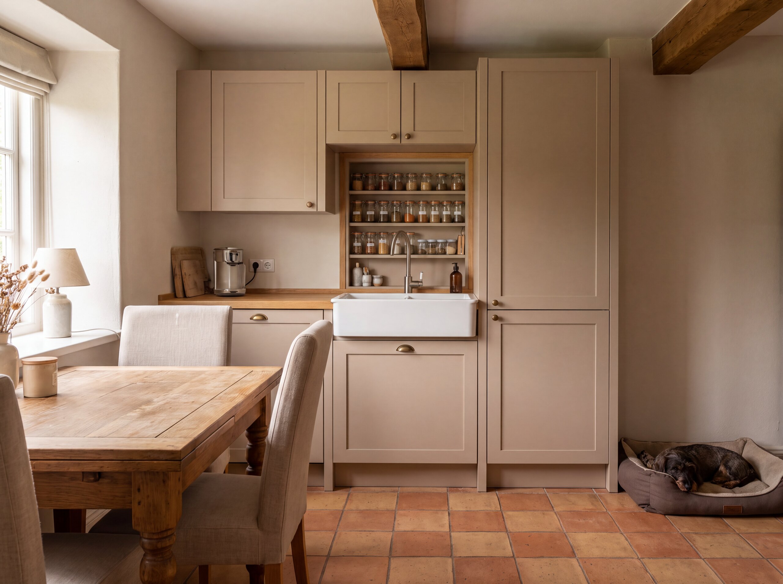 Beige Landhausküche mit Keramikspüle und Holztisch