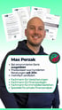 Lächelnder Mann mit Zertifikaten und Textbox: Max Perzak, Finanzexperte, ausgebildet bei Bank, seit 2014, mehrfach zertifiziert.