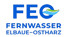 Blaues Logo "FEO" mit stilisierten Wasserwellen im "O" und darunter "FERNWASSER ELBAUE-OSTHARZ".
