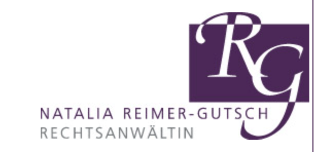 Logo mit lila Quadrat, weißen Initialen RG und Text "NATALIA REIMER-GUTSCH RECHTSANWÄLTIN".