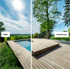 Ein Pool mit Holzdeck, links offen und rechts geschlossen mit der Beschriftung „Offen“ und „Geschlossen“.