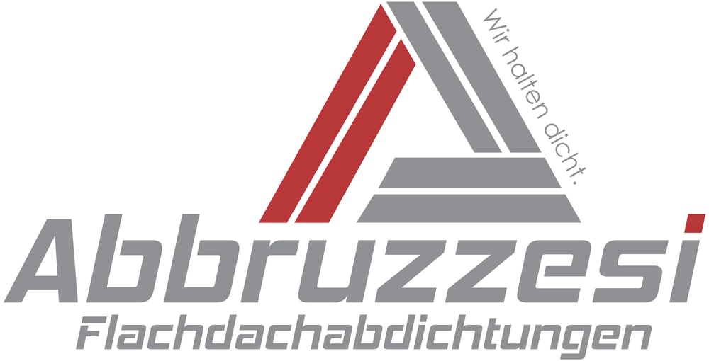 Abbruzzesi Flachdachabdichtungen Logo: Rotes und graues A-förmiges Dachsymbol, Text "Wir halten dicht." und "Abbruzzesi".