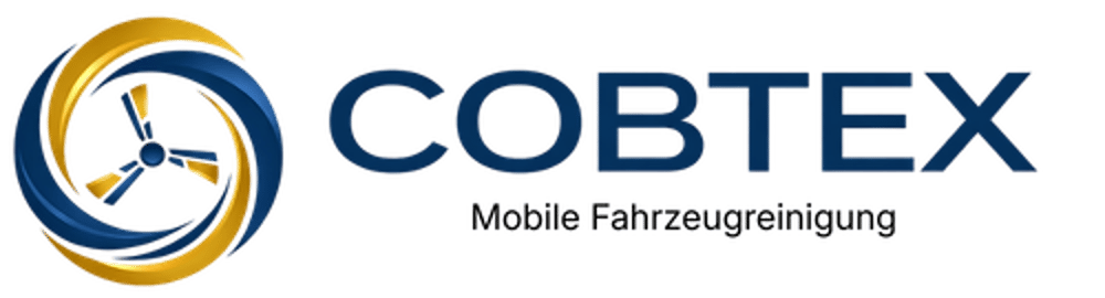 COBTEX Logo mit blau-goldenem Propeller-Symbol und Text "Mobile Fahrzeugreinigung".
