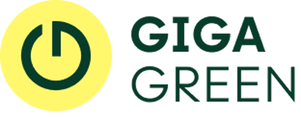 Grünes GIGA GREEN Logo mit einem gelben Kreis mit einem grünen Power-Symbol.