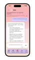 Smartphone-Display zeigt Chat mit KI-Begleiterin Viya und Tipps zu Atemübungen und Achtsamkeit bei Unwohlsein.