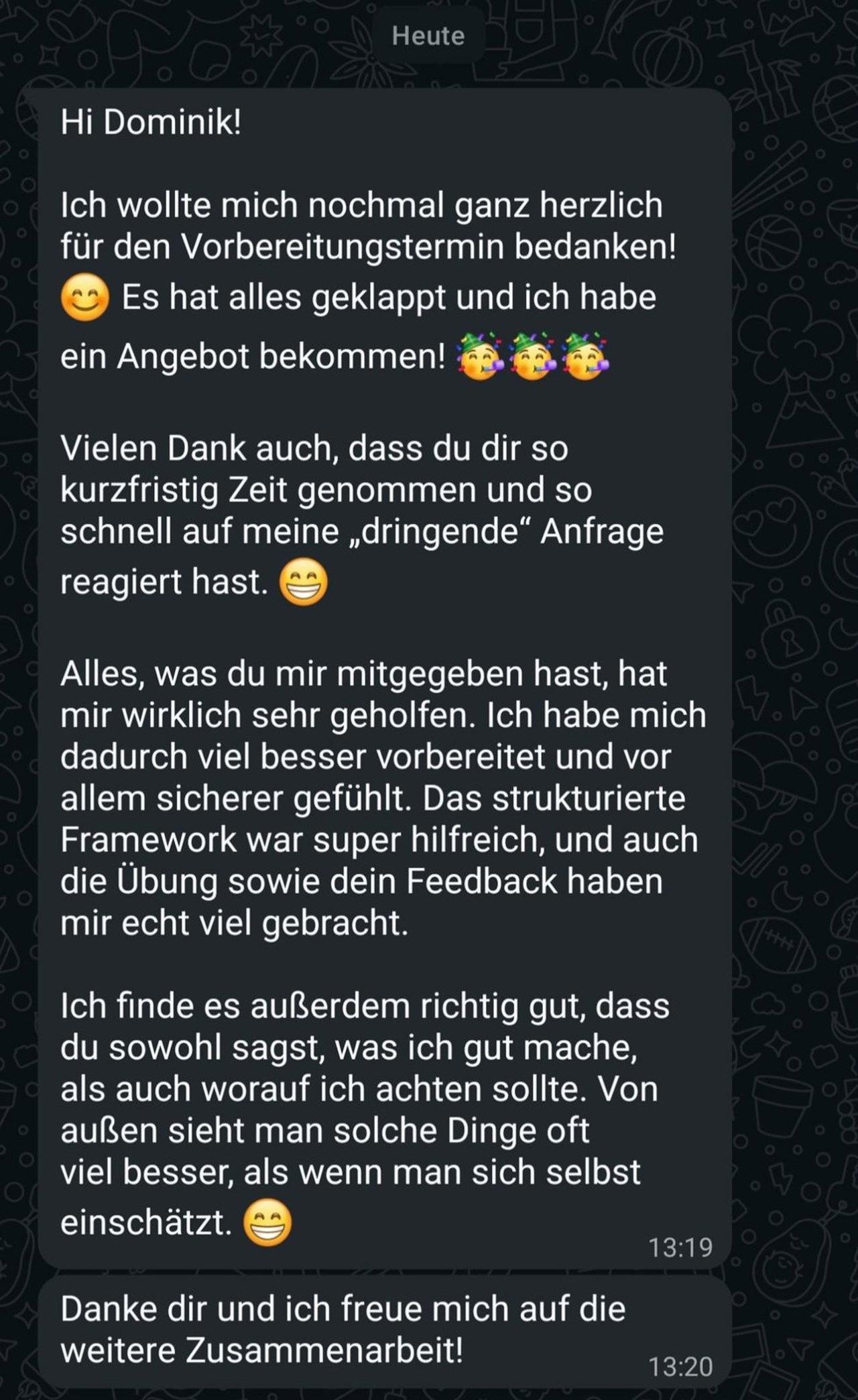 Nachricht einer Klientin zur Bewerbungsvorbereitung