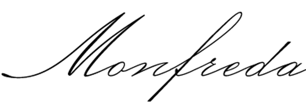 Schwarzer, kursiver Text "Monfreda" auf dunkelgrünem Hintergrund.