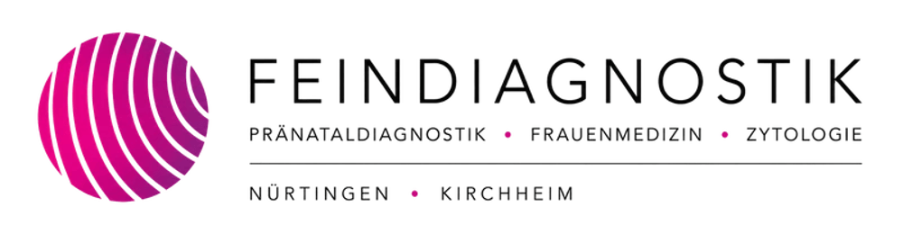 Logo von Feindiagnostik Nürtingen mit einem pinken Kreis mit wellenförmigen Linien und weißer Schrift auf grünem Hintergrund.
