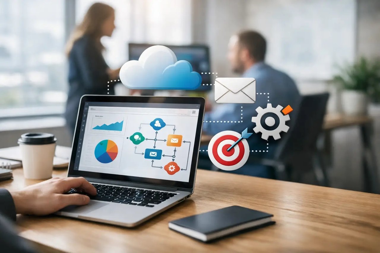 Laptop mit Dashboards und Icons für Cloud, E-Mail, Zahnräder und Zielscheibe vor verschwommener Bürokulisse.