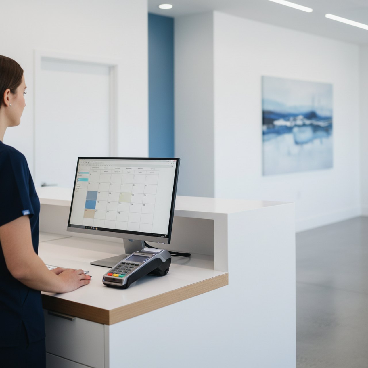 Praxisempfang mit Terminkalender am Monitor