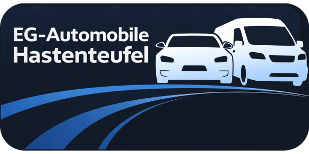 Logo von EG-Automobile Hastenteufel mit weißem Auto und Lieferwagen auf blauem Hintergrund.