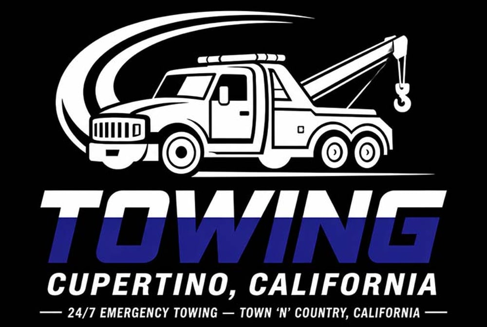 White tow truck graphic above "TOWING" text, with "CUPERTINO, CALIFORNIA" and "24/7 EMERGENCY TOWING" below.