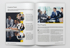 Geöffnete Corporate-Broschüre mit Textspalten und Fotos von Business-Teams unter den Titeln Creative Team und Final Progress.