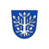 Blaues Wappen mit weißem Eichenbaum, sechs Eicheln und schwarzer Umrandung.