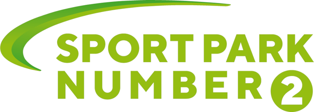 Grünes Logo mit dem Text Sportpark Number 2 und einem geschwungenen grünen Element darüber.