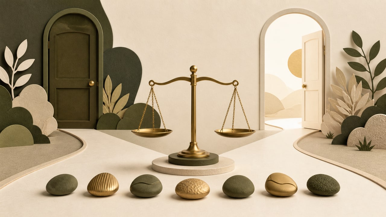 Goldene Waage zwischen geschlossener Bürotür und offenem neuen Weg als Symbol für eine klare Kündigungsentscheidung.