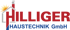 Logo mit rotem Text "HILLIGER" und blauem Text "HAUSTECHNIK GmbH", umrahmt von einem Haus mit Sonne und Schornstein.
