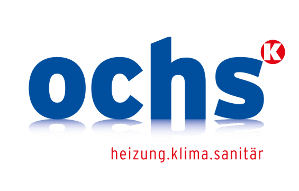 Ochs Logo: Blauer Schriftzug "ochs" mit gespiegelter Unterseite, rotes "K" im Kreis, "heizung.klima.sanitär" darunter.