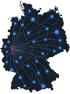 Landkarte von Deutschland mit Standortmarkierung Krefeld und vernetzten blauen Knotenpunkten im gesamten Bundesgebiet.